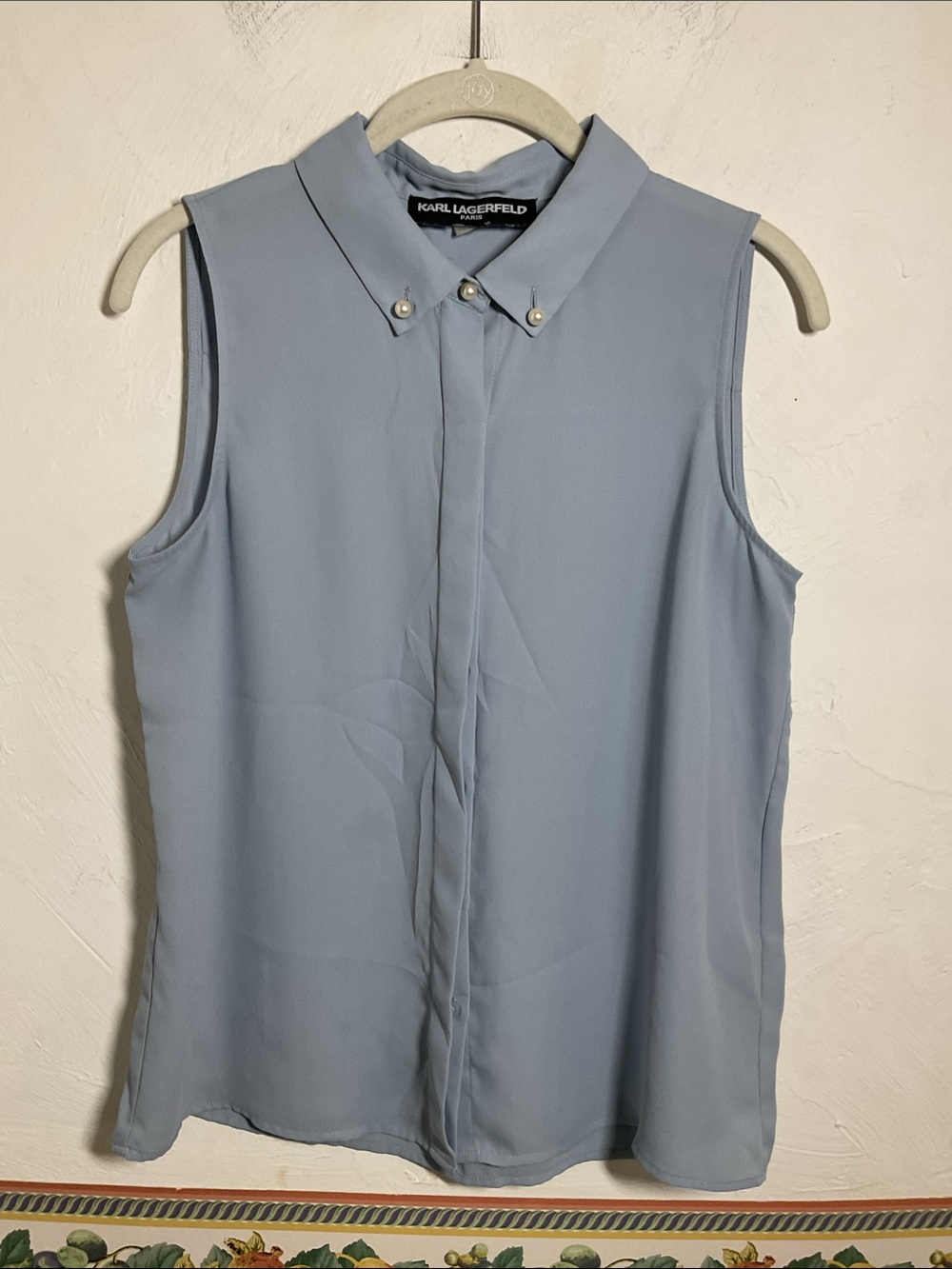 Karl Lagerfeld Paris Pearl Collar Sleeveless Top Light Blue Size S/M